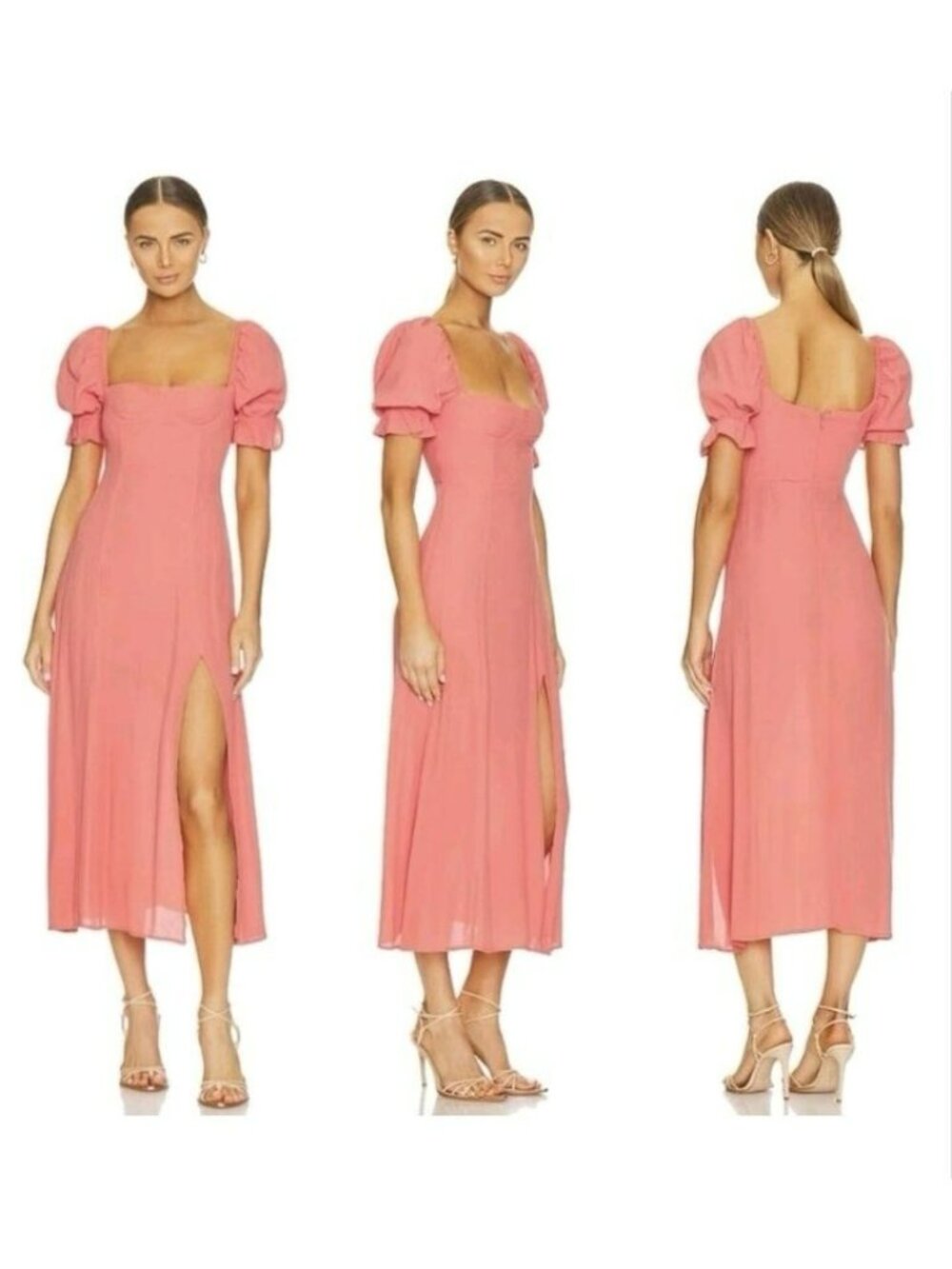 WeWoreWhat Coral Puff Sleeve Midi Dress With Side Slit & Square Neckline Size 4